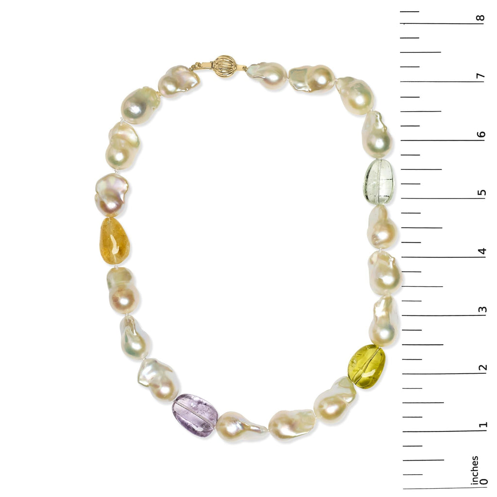 14K Yellow Gold Citrine, Amethyst, and Baroque Pearl Strand Necklace - 18" Inches-4