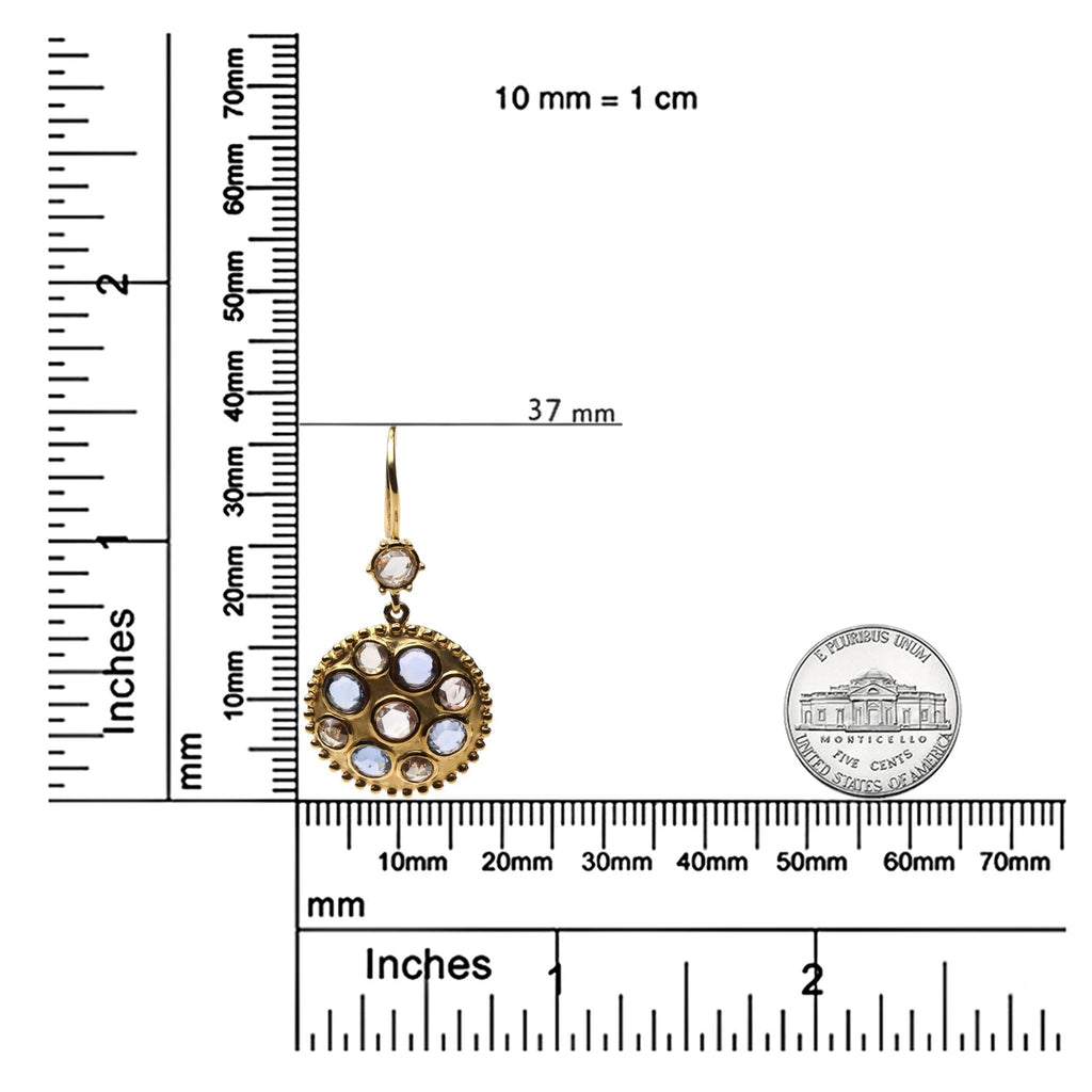 18K Yellow Gold 1 2/3 Cttw Diamond and Blue Sapphire Bezel Set Gemstone Cluster Medallion Dangle Earrings (Brown and G-H Color, SI1-SI2 Clarity)-4