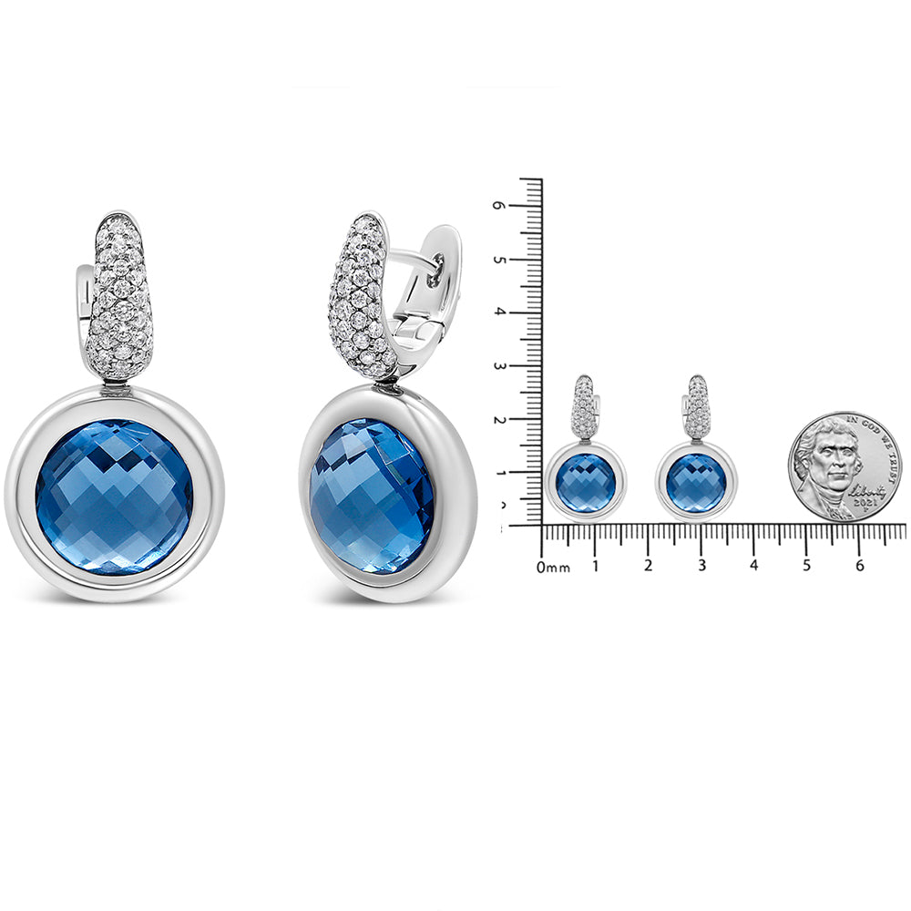 18K White Gold Bezel Set 11mm Blue Topaz and 1/2 Cttw Invisible Set Diamond Bale Dangle Earrings (F-G Color, VS1-VS2 Clarity)-4