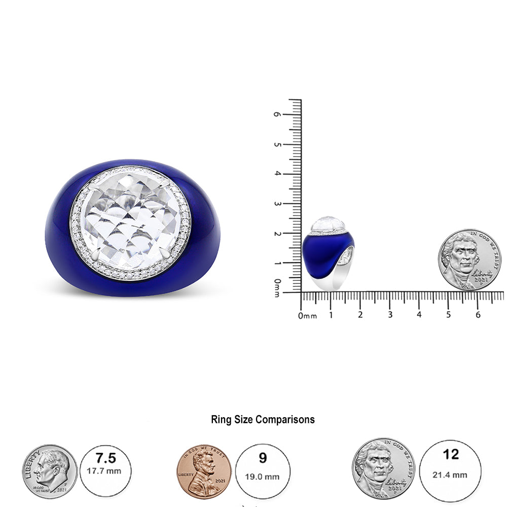18K White Gold 14mm White Quartz and 1/5 Cttw Diamond Halo with Blue Enamel Dome Ring (F-G Color, VS1-VS2 Clarity)-4