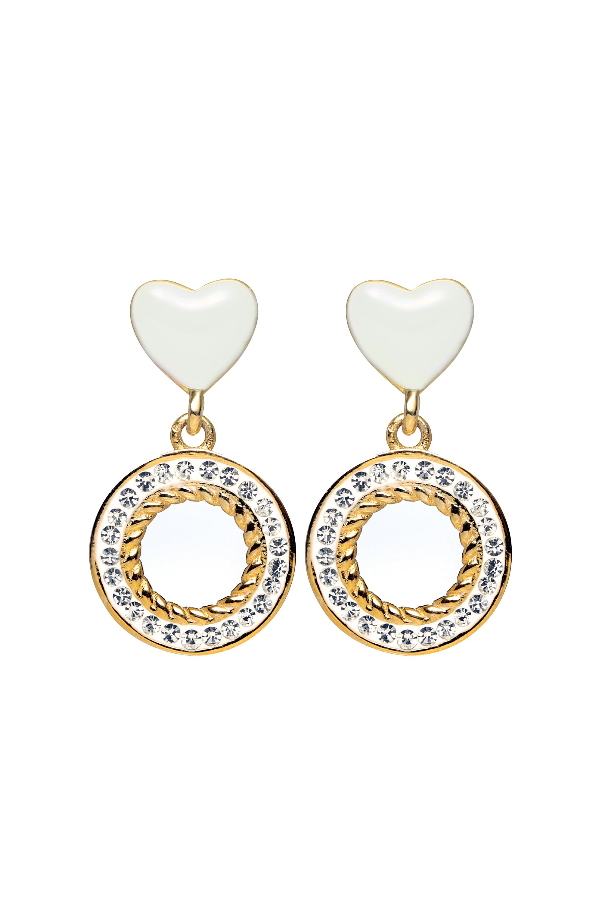 Gold Plated Sterling Silver White Enamel & Crystal Heart Stud Earrings