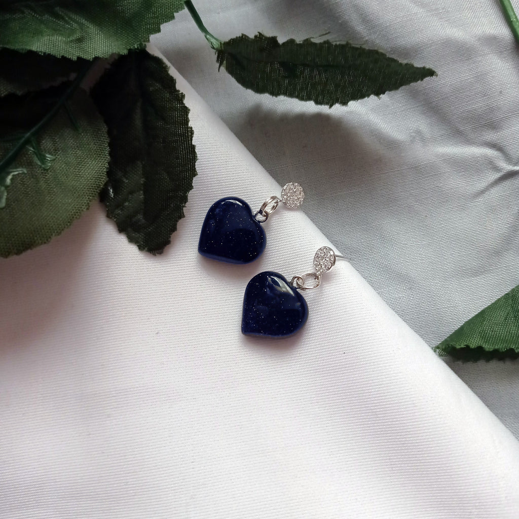 Blue Goldstone Cubic Zirconia Stud Earrings, Besteller Earrings, Sterling Silver Stud Earrings, Heart Earrings, Gemstone Earrings | by nlanlaVictory