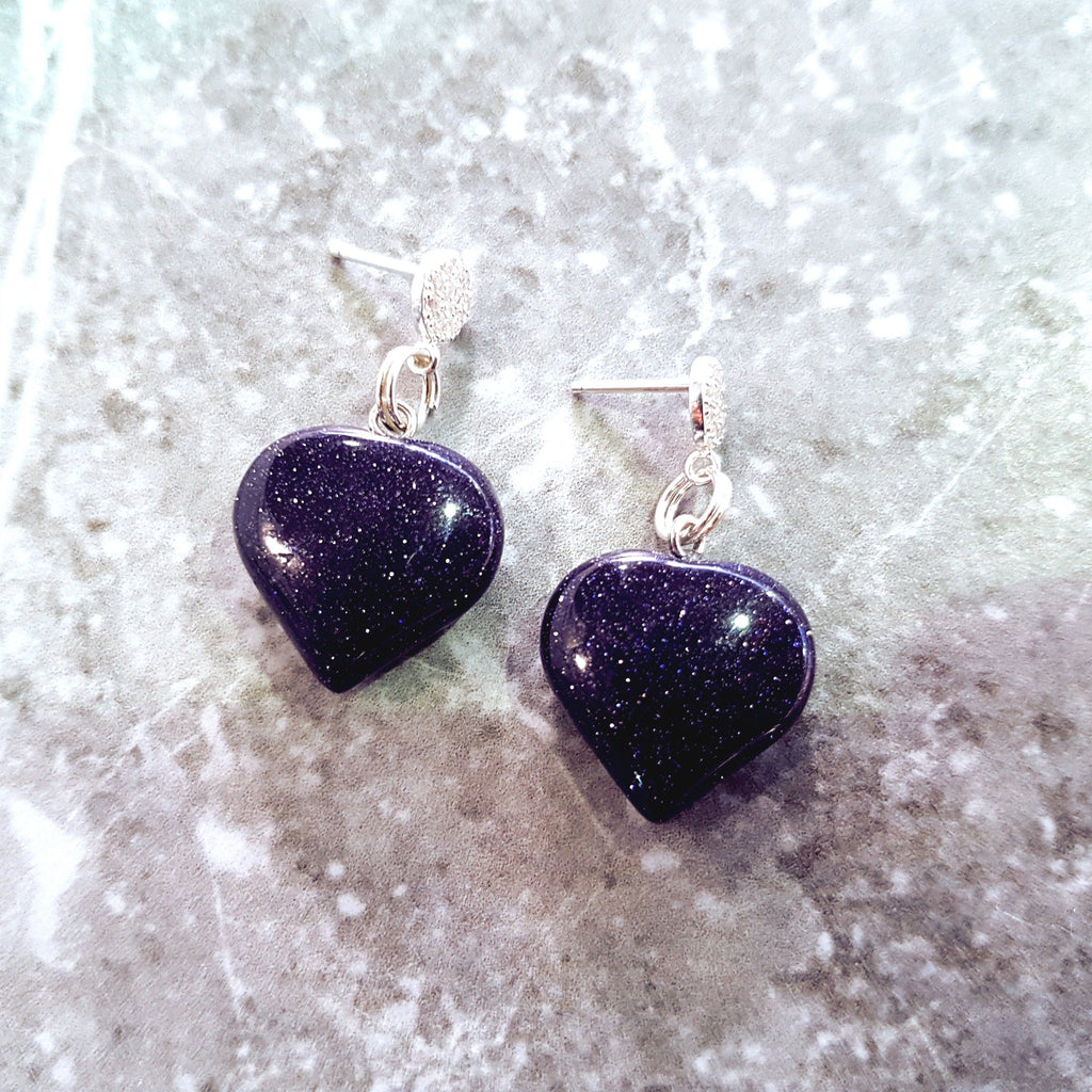 Blue Goldstone Cubic Zirconia Stud Earrings, Besteller Earrings, Sterling Silver Stud Earrings, Heart Earrings, Gemstone Earrings | by nlanlaVictory