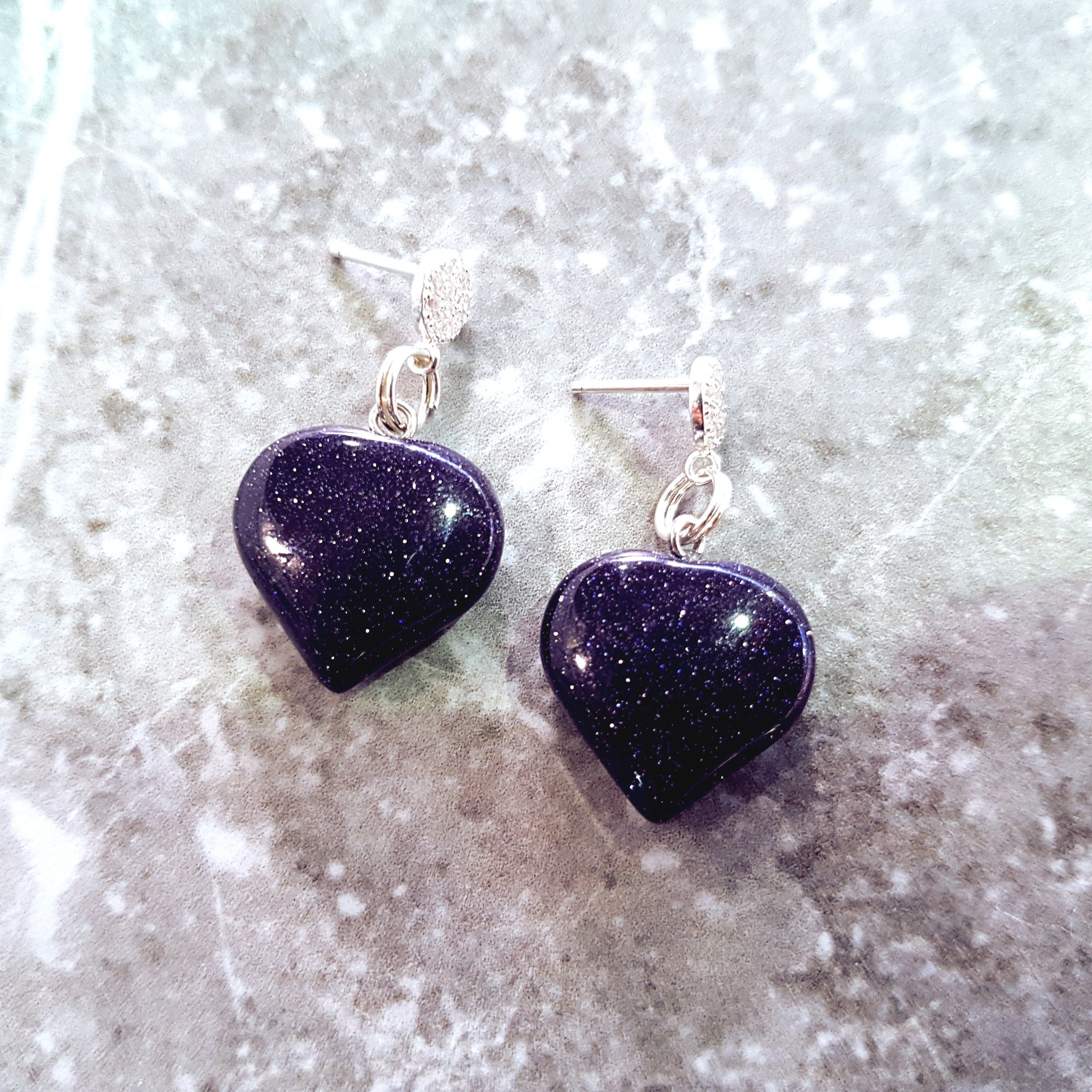 Blue Goldstone Cubic Zirconia Stud Earrings, Besteller Earrings, Sterling Silver Stud Earrings, Heart Earrings, Gemstone Earrings | by nlanlaVictory