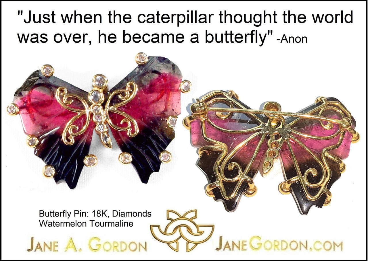 Handmade Butterfly Pin: Watermelon Tourmaline, Diamonds, 18K Gold