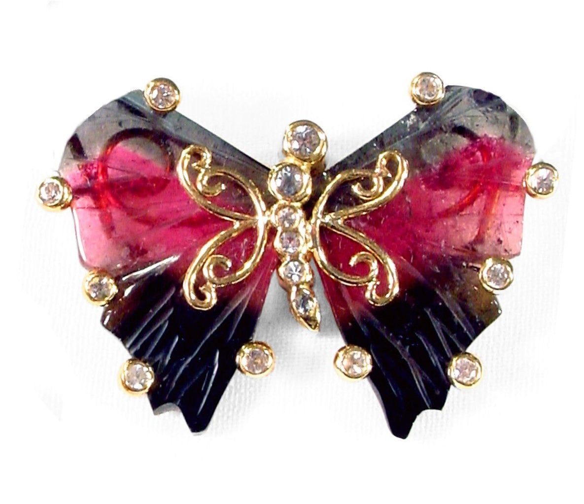 Handmade Butterfly Pin: Watermelon Tourmaline, Diamonds, 18K Gold