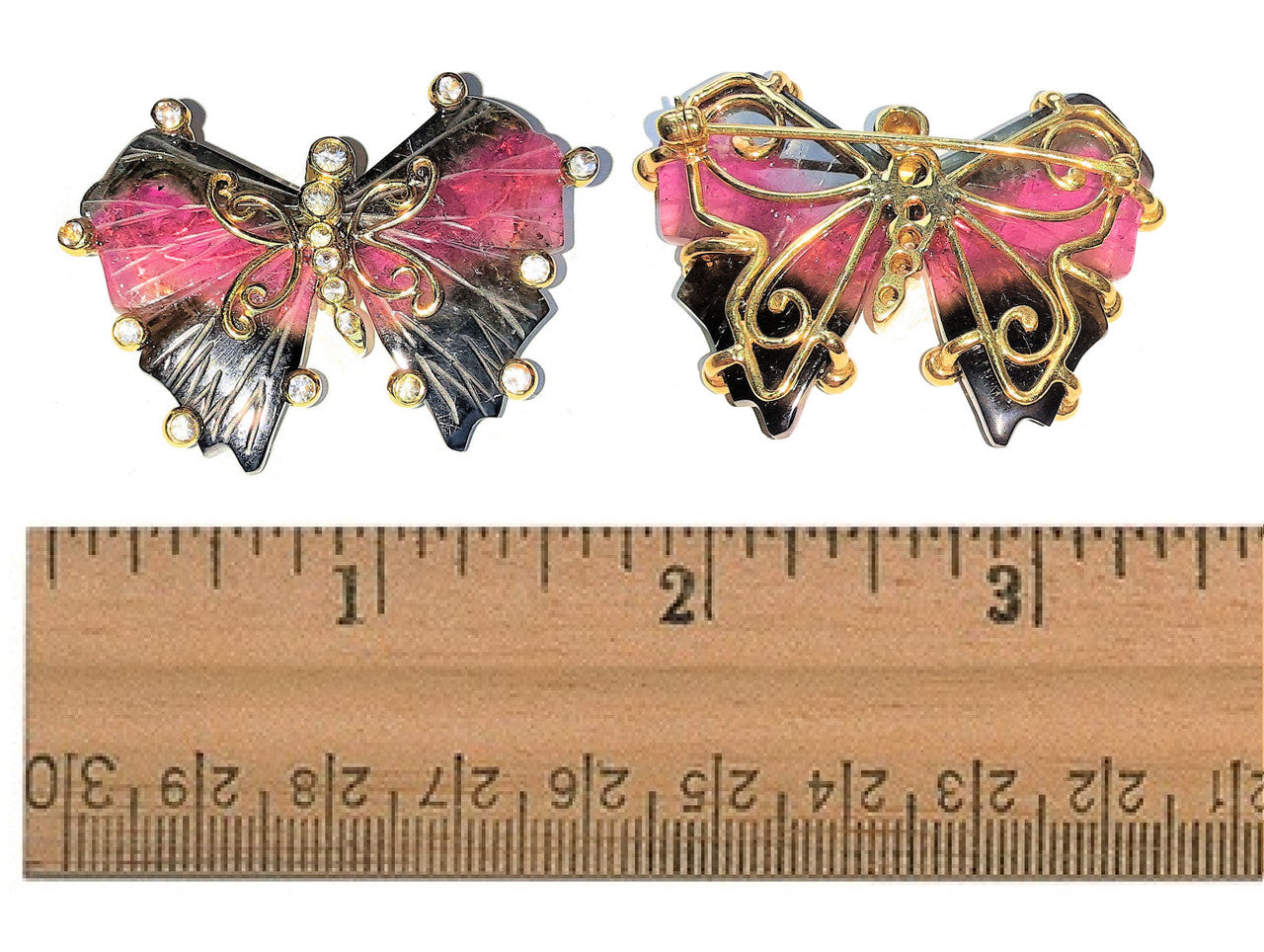 Handmade Butterfly Pin: Watermelon Tourmaline, Diamonds, 18K Gold