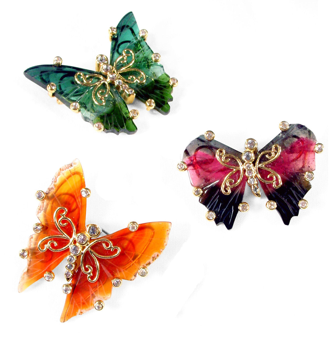 Handmade Butterfly Pin: Watermelon Tourmaline, Diamonds, 18K Gold