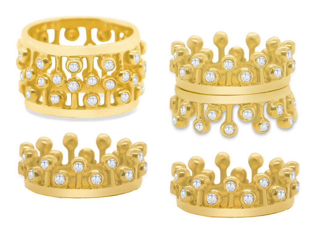 Crown Ring: Fullest Diamond Double Stack Set of Two: 14K Gold