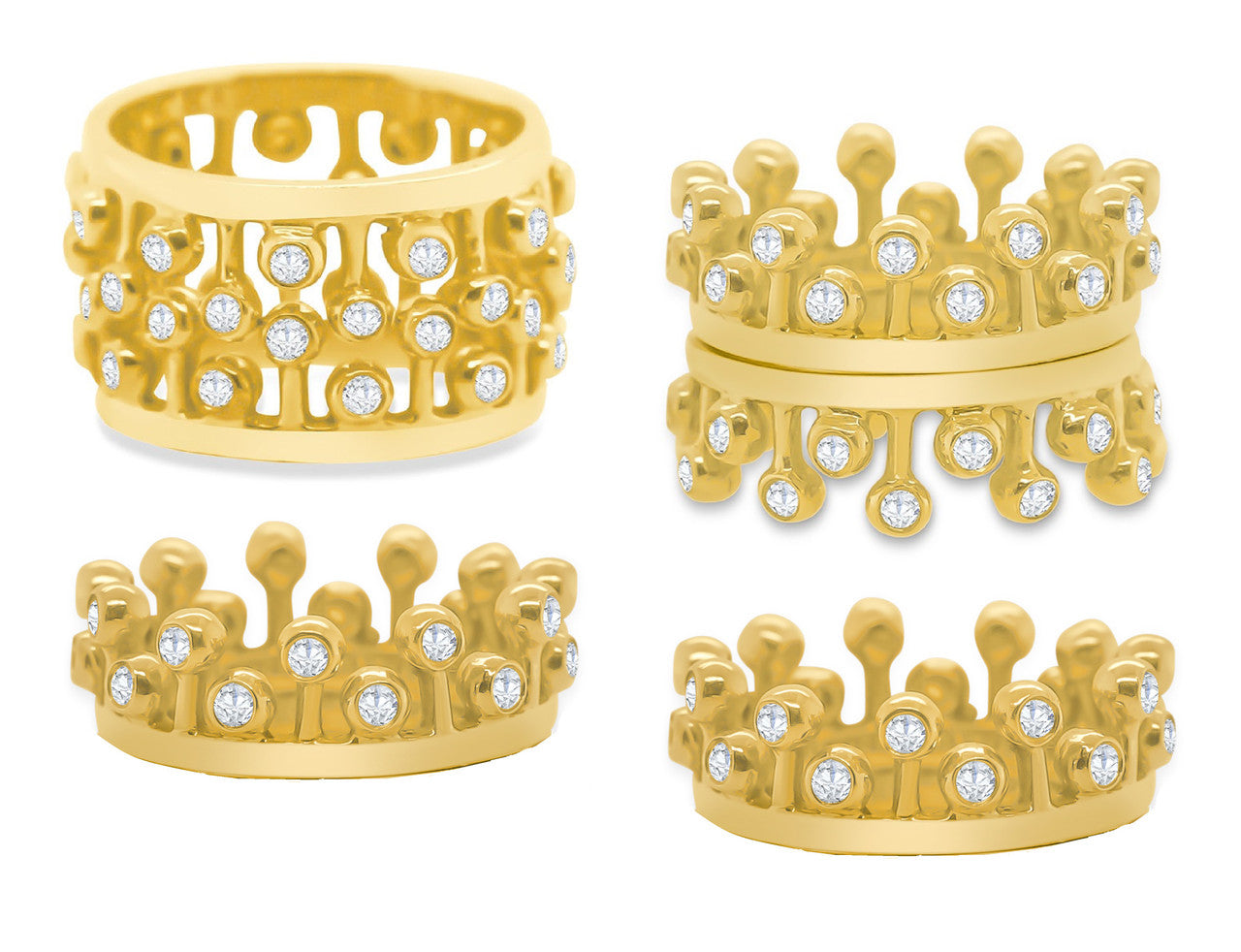 Crown Ring: Fullest Diamond Double Stack Set of Two: 14K Gold