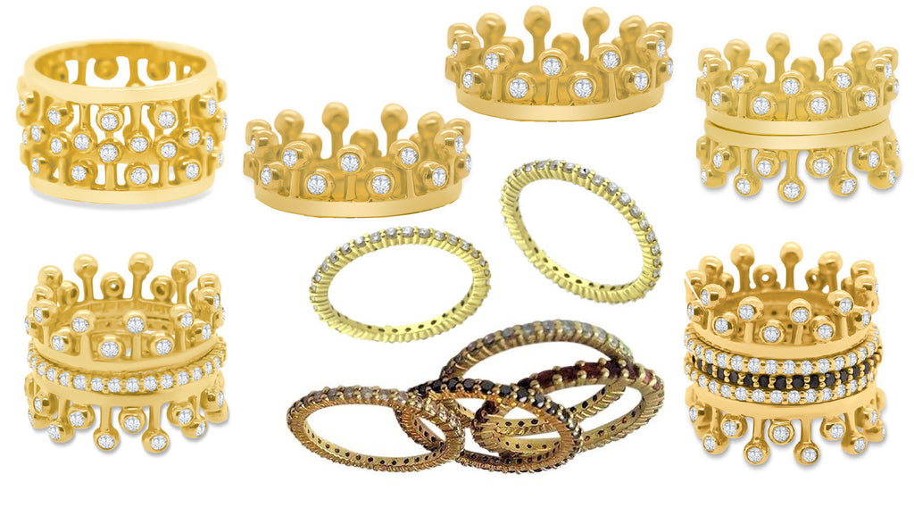 Crown Ring: Fullest Diamond Double Stack Set of Two: 18K Gold