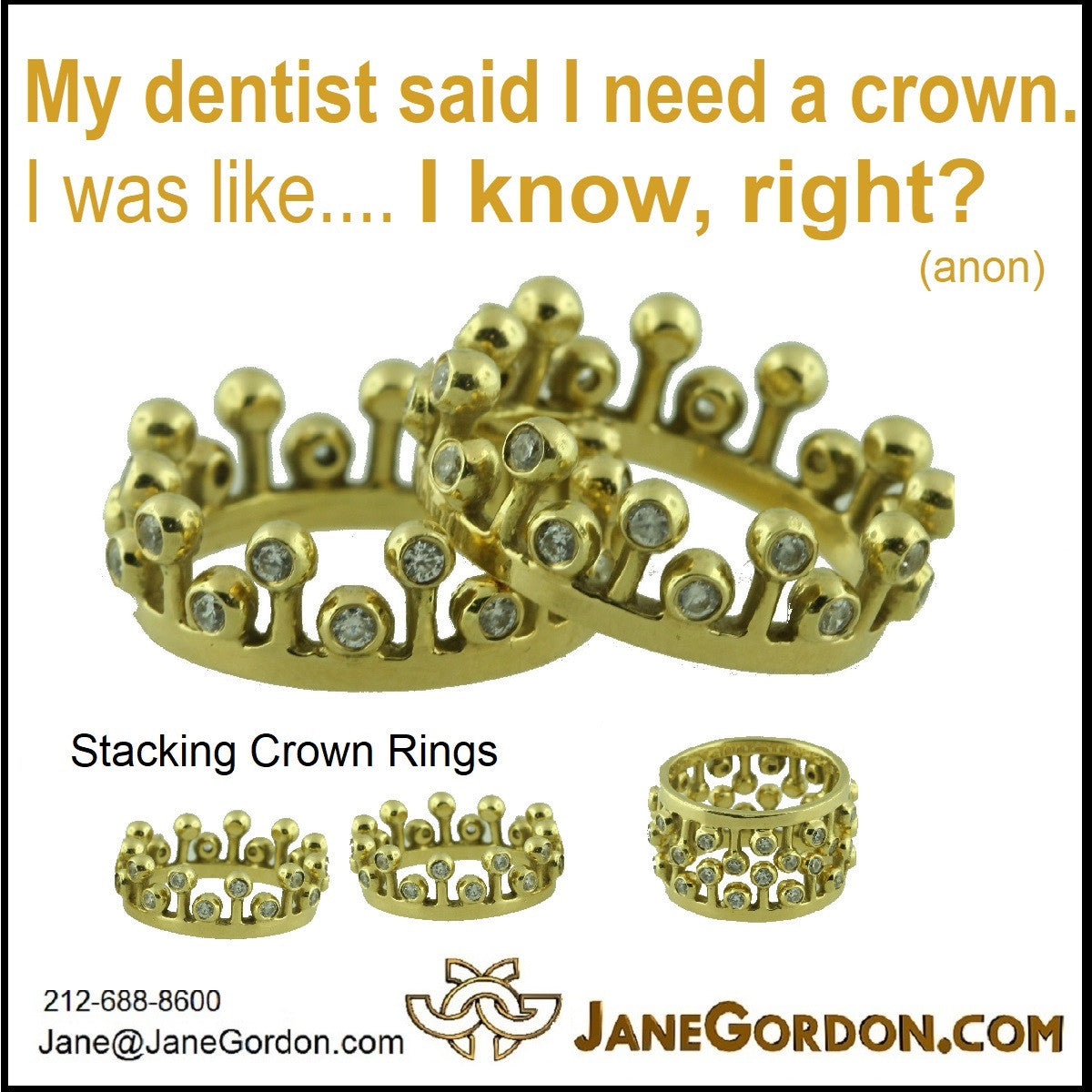 Crown Ring: Fullest Diamond Double Stack Set of Two: 14K Gold