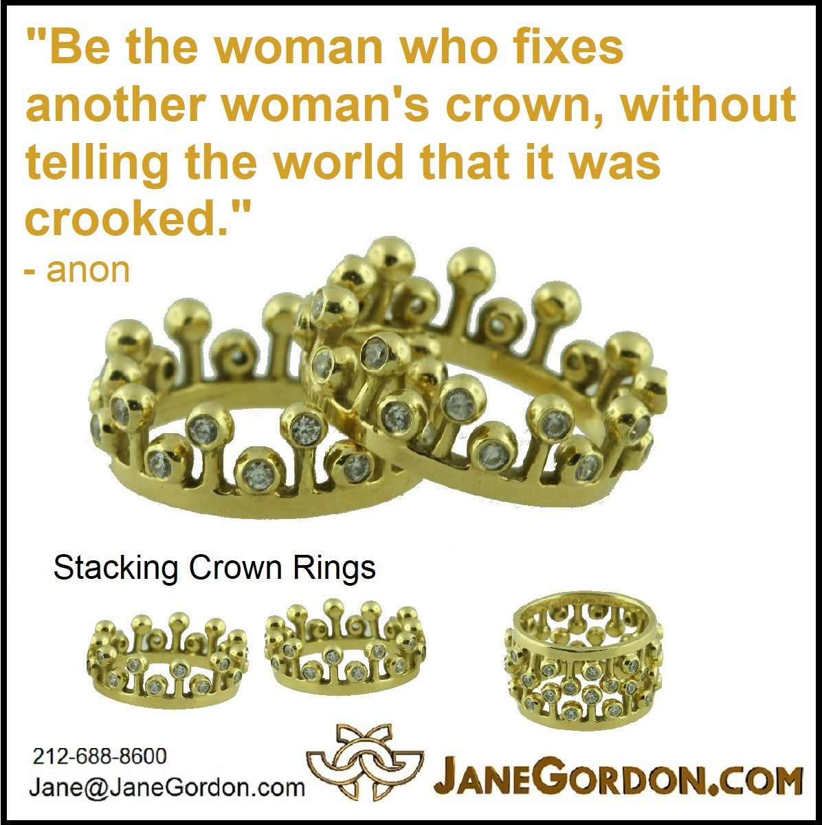 Crown Ring: Fullest Diamond Double Stack Set of Two: 14K Gold