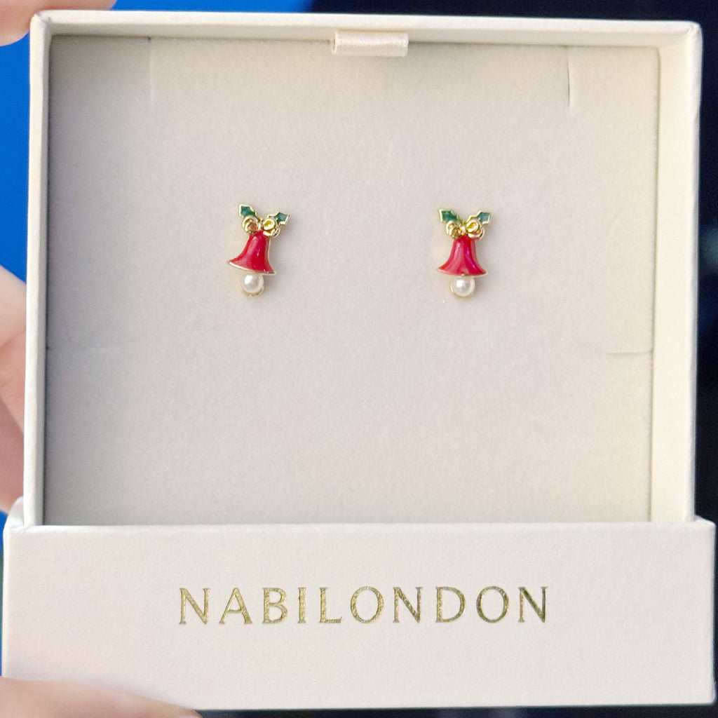 Christmas leaf pearl bell earrings
