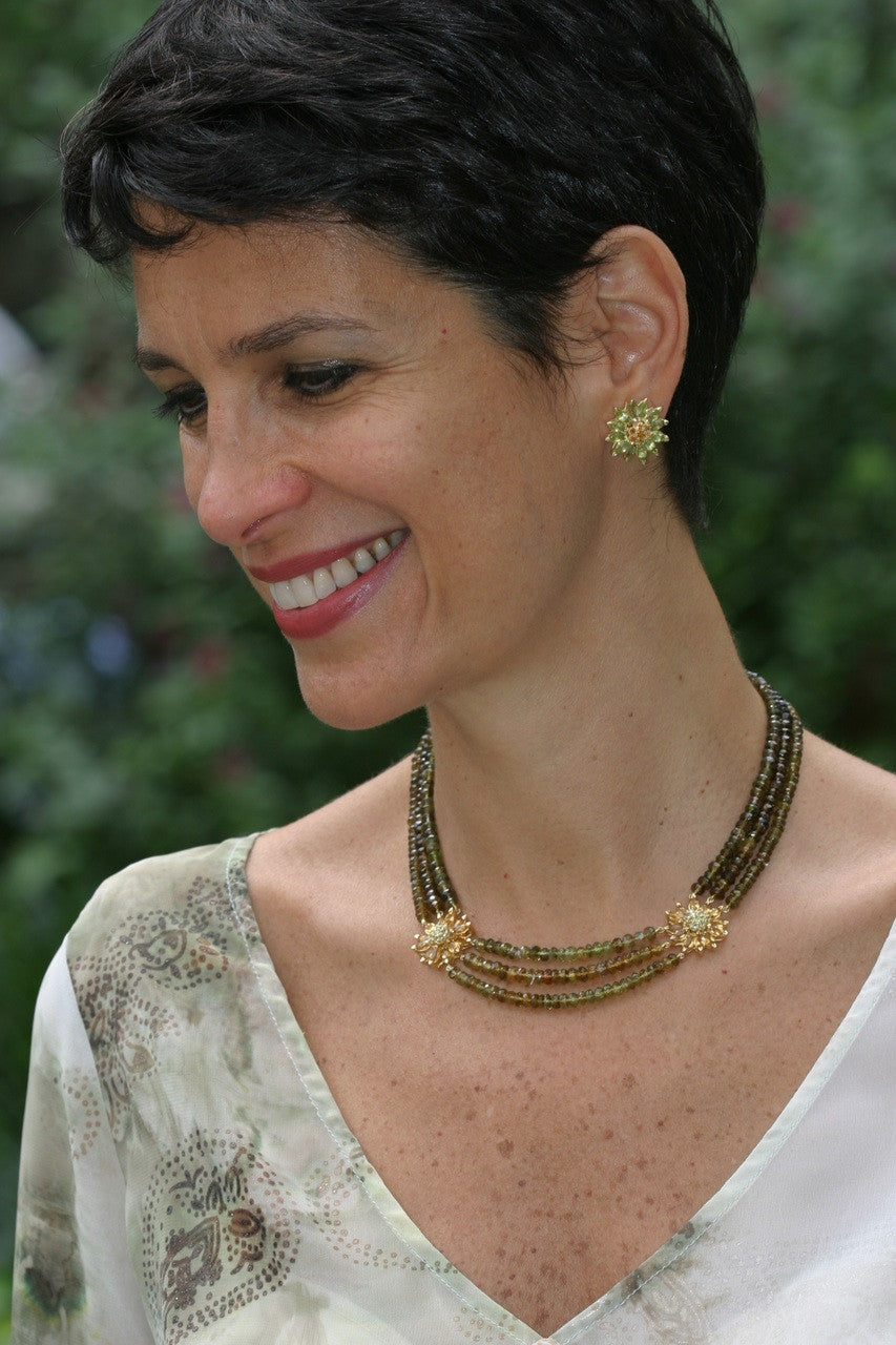 Gemstone Daisy earrings, Inter-changeable Stone Centers, 18K Gold & Semi-precious. Any gem available.