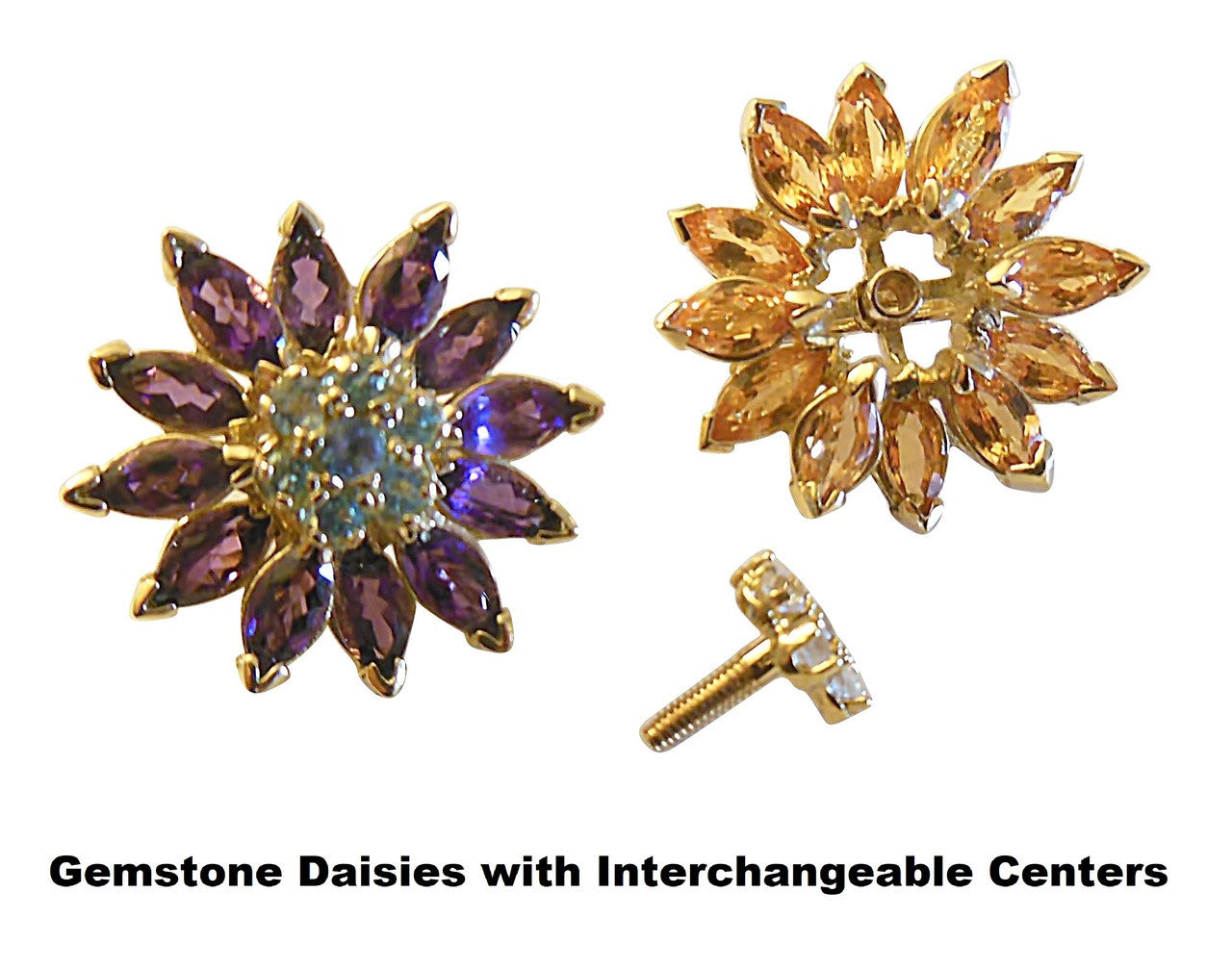 Gemstone Daisy earrings, Inter-changeable Stone Centers, 18K Gold & Semi-precious. Any gem available.