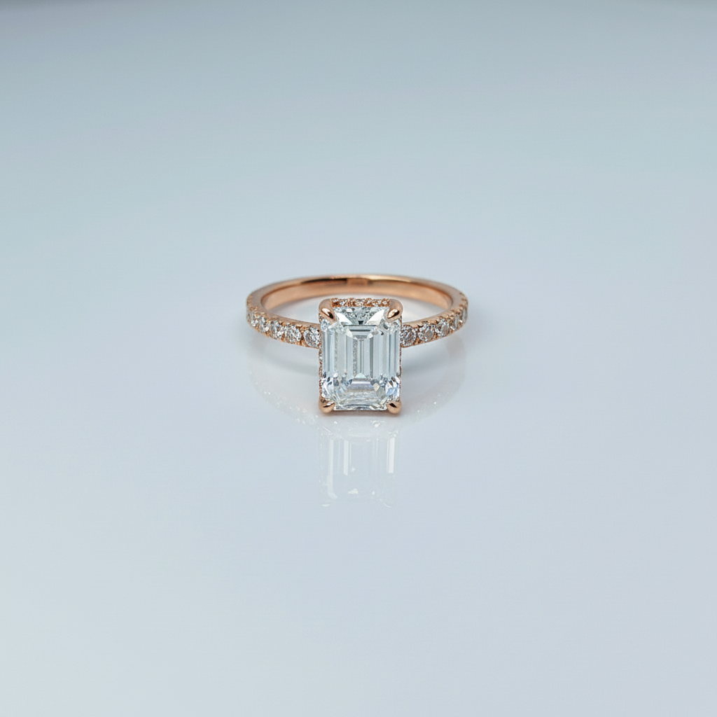 2 to 4 Carat Emerald Cut Pave Setting 14K Solid Gold Solitaire Diamond Engagement Ring