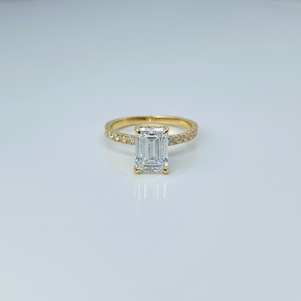 2 to 4 Carat Emerald Cut Pave Setting 14K Solid Gold Solitaire Diamond Engagement Ring