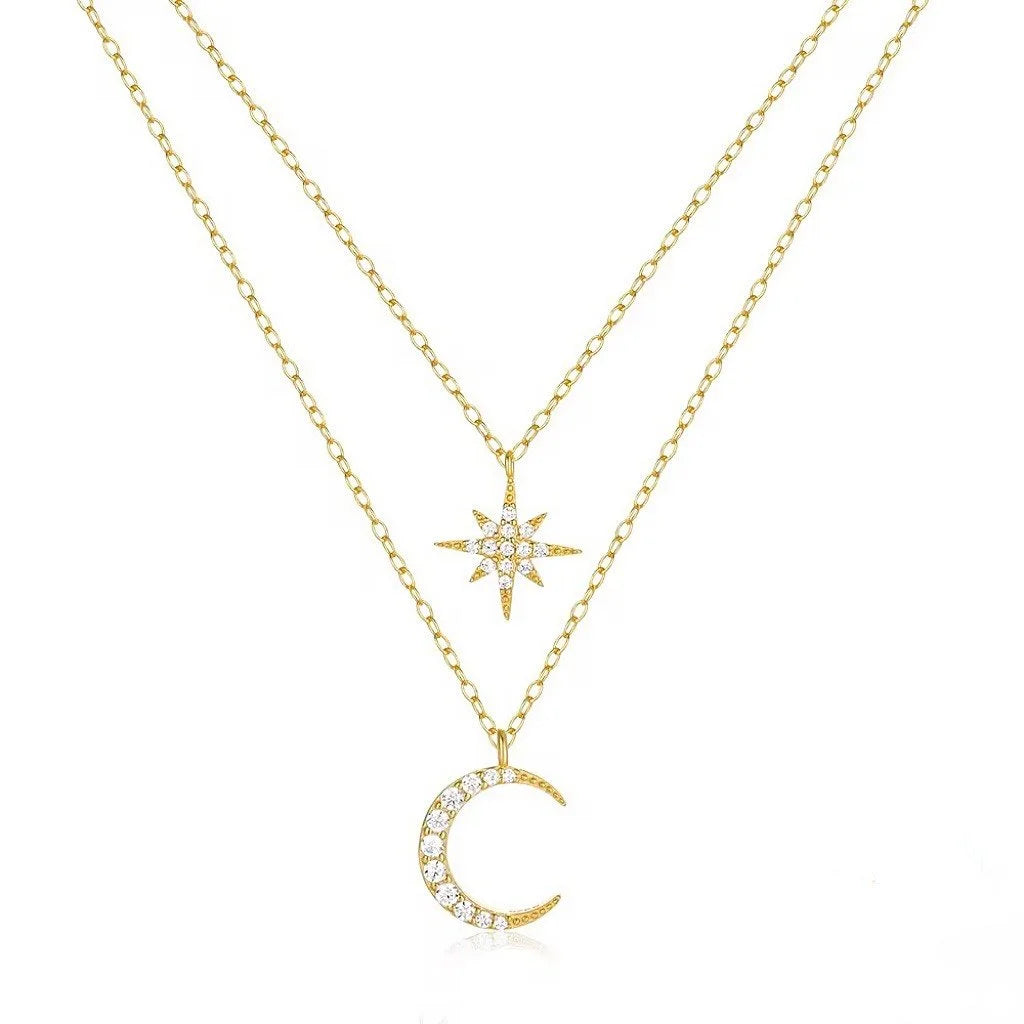 Gold Star & Moon Double Layer Necklace – 925 Sterling Silver Celestial Pendant