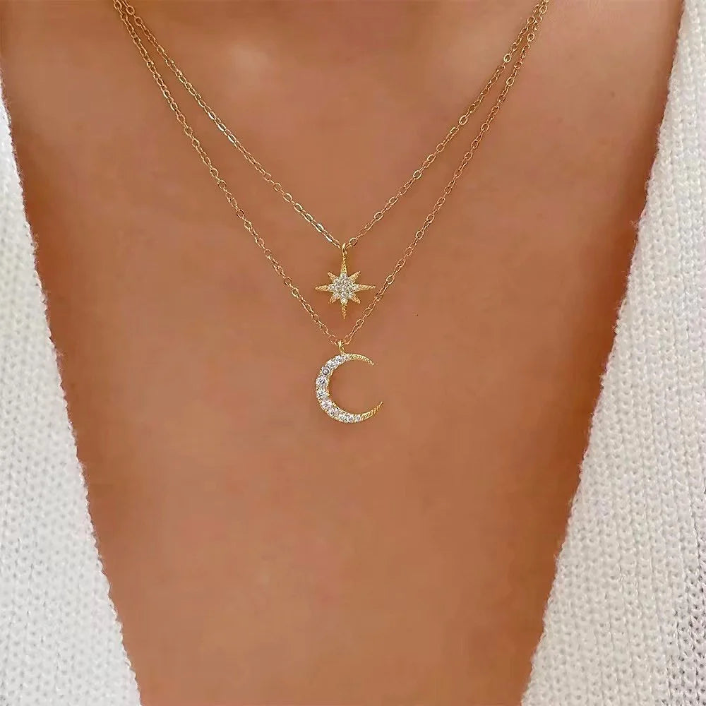 Gold Star & Moon Double Layer Necklace – 925 Sterling Silver Celestial Pendant