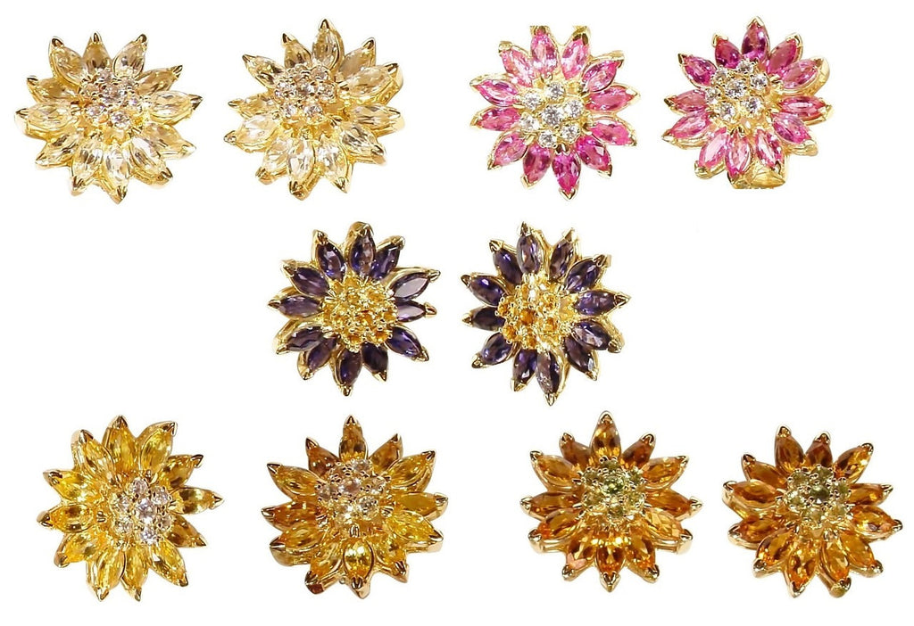 Sapphire Daisy Earrings: Pink, Yellow, Orange or White Sapphires in 18K Gold. Blue Sapphires Priced Separately.