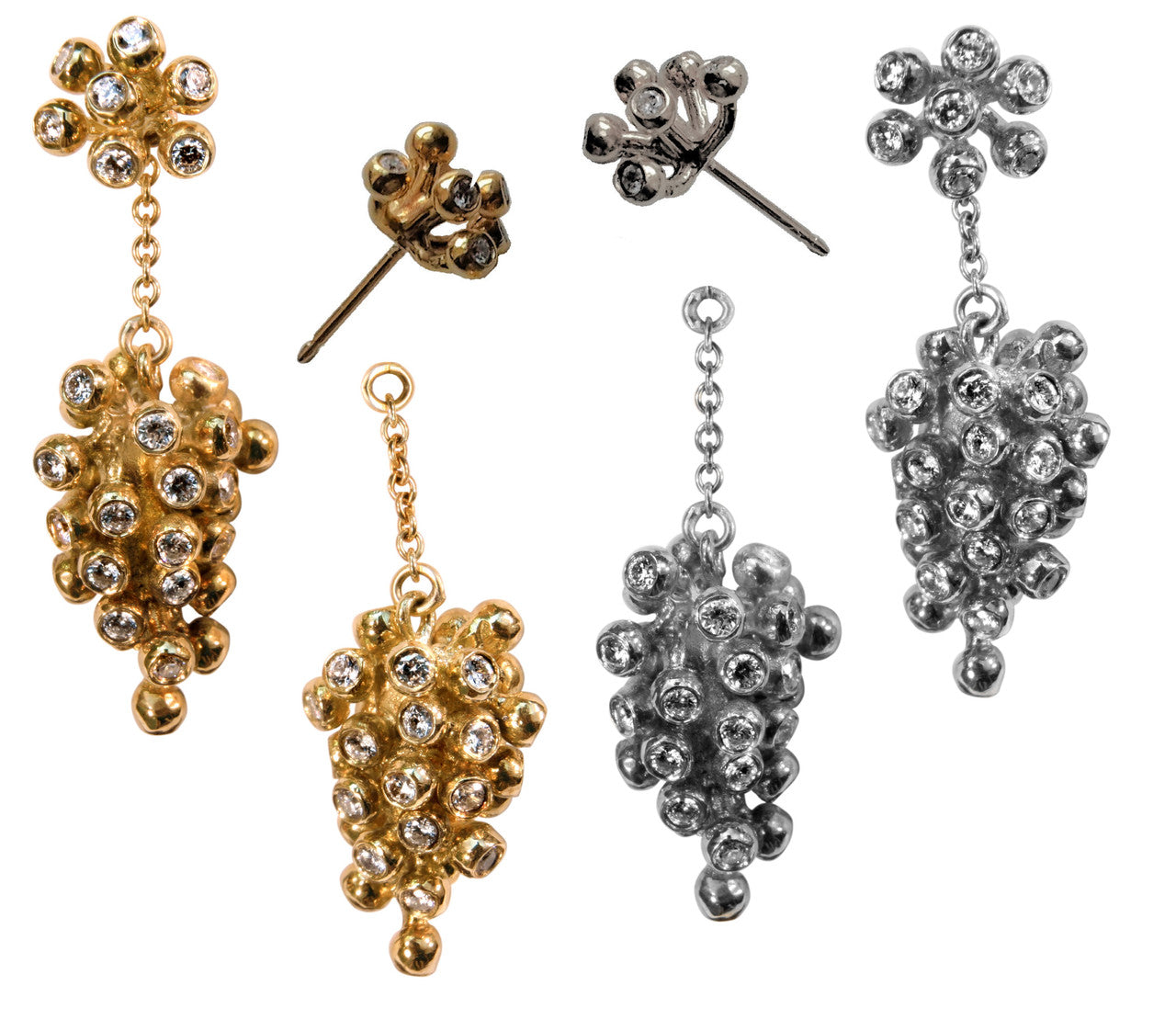 Grapes Drop Earrings with Interchangeable Studs- 2 parts-14K Gold