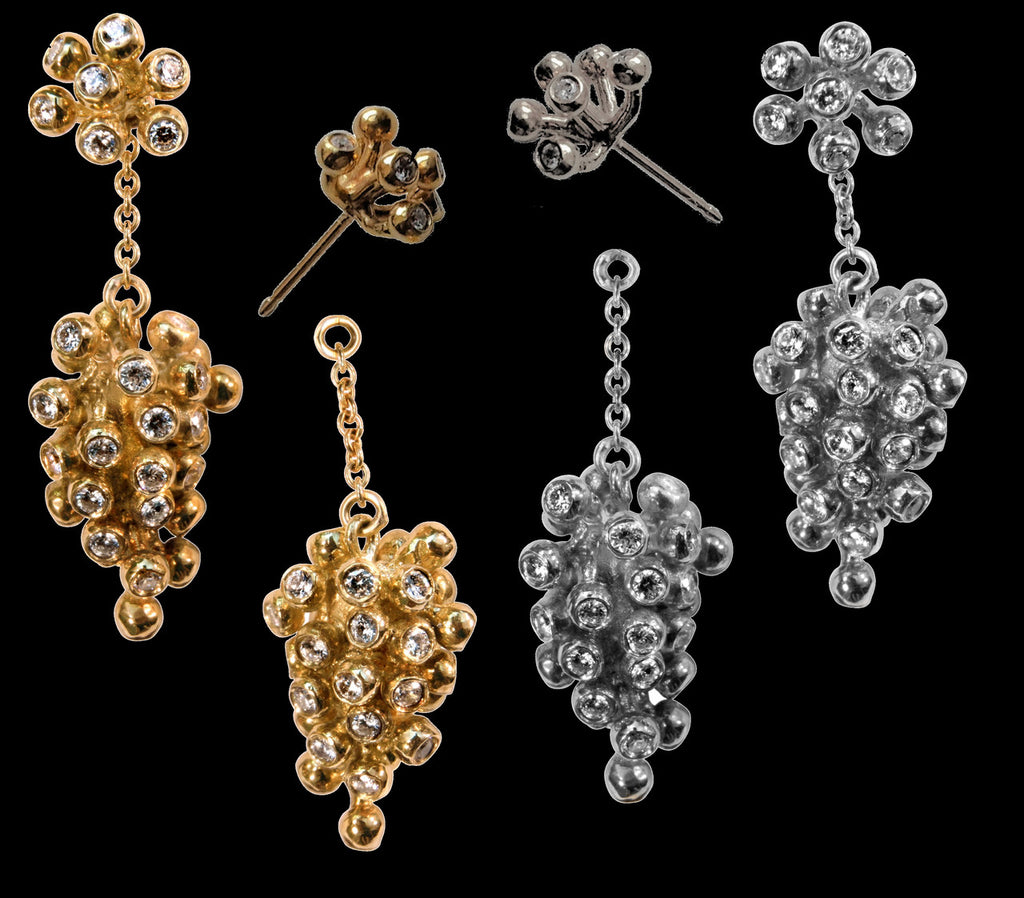 Grapes Drop Earrings with Interchangeable Studs- 2 parts-14K Gold