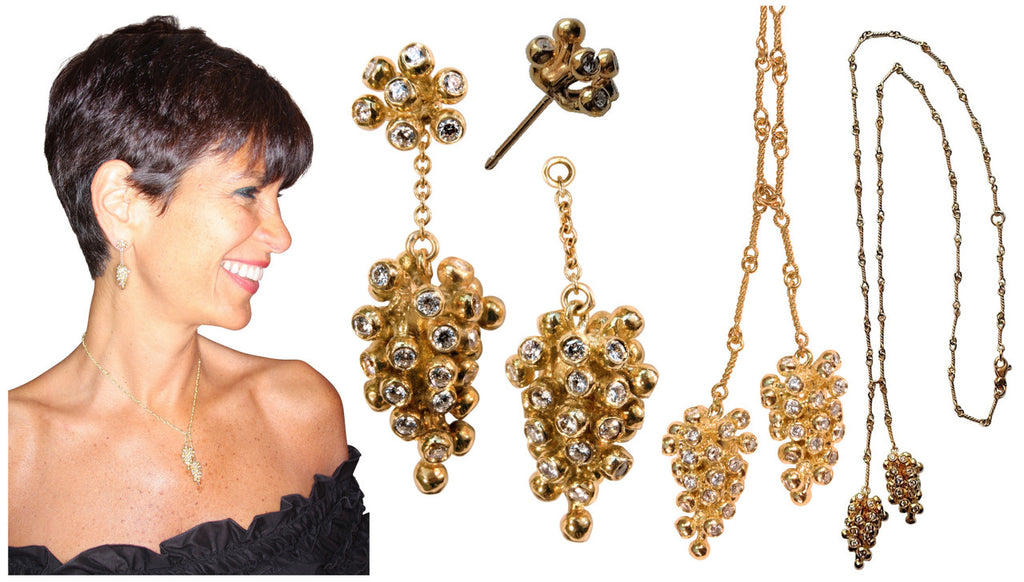 Grapes Necklace-18K Gold with Diamonds, Lariat Style on Hand-made Chain