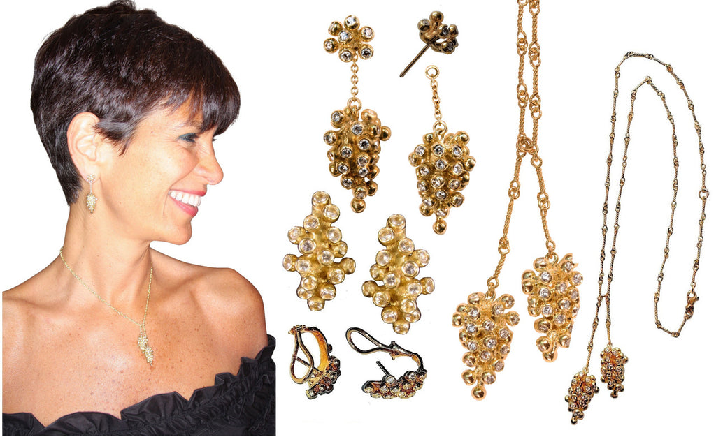 Grapes Necklace-18K Gold with Diamonds, Lariat Style on Hand-made Chain