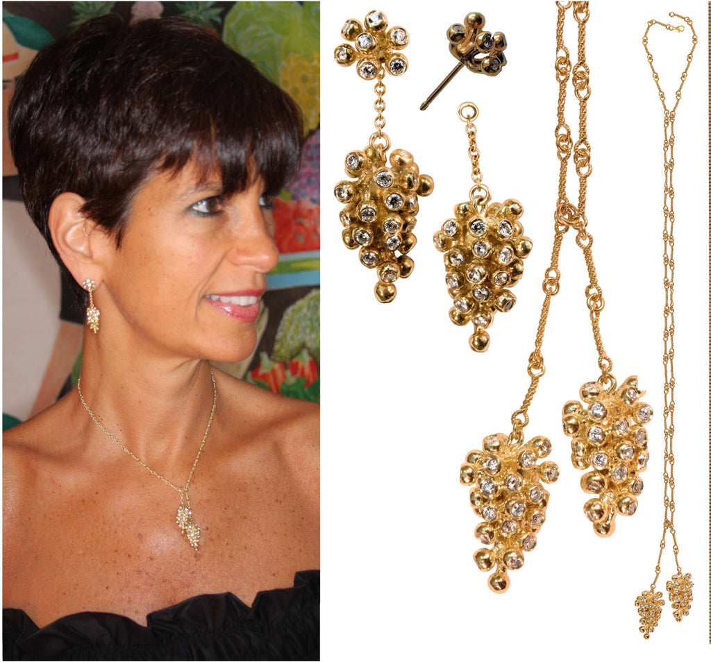 Grapes Necklace-18K Gold with Diamonds, Lariat Style on Hand-made Chain