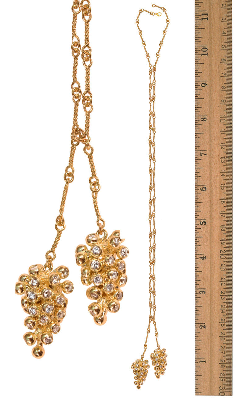 Grapes Necklace, 14K Gold with Diamonds: Lariat Style on Handmade Chain