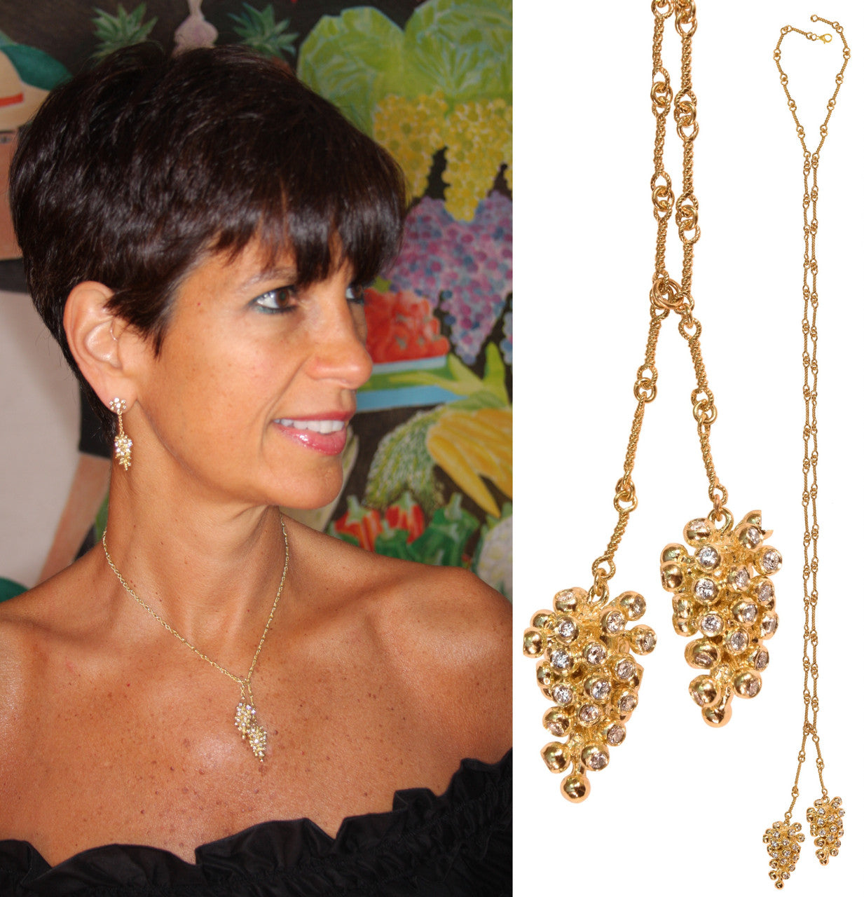 Grapes Necklace-18K Gold with Diamonds, Lariat Style on Hand-made Chain