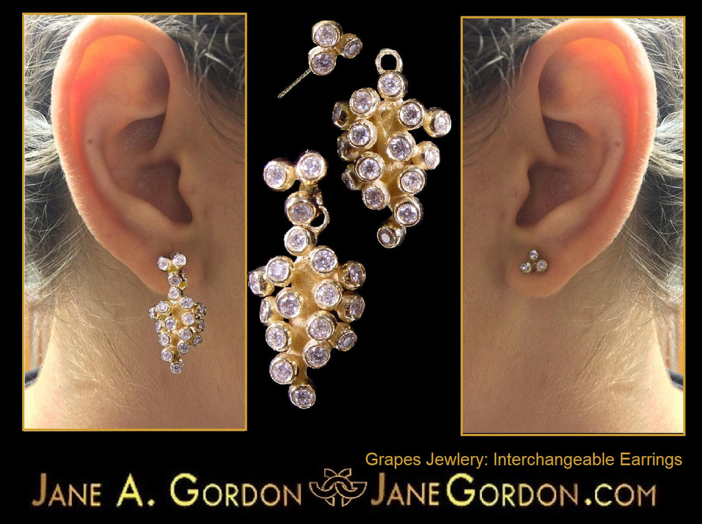 Demi Grape Earrings, Detachable Stud and Drop, 2 parts: 18K Gold & Diamonds