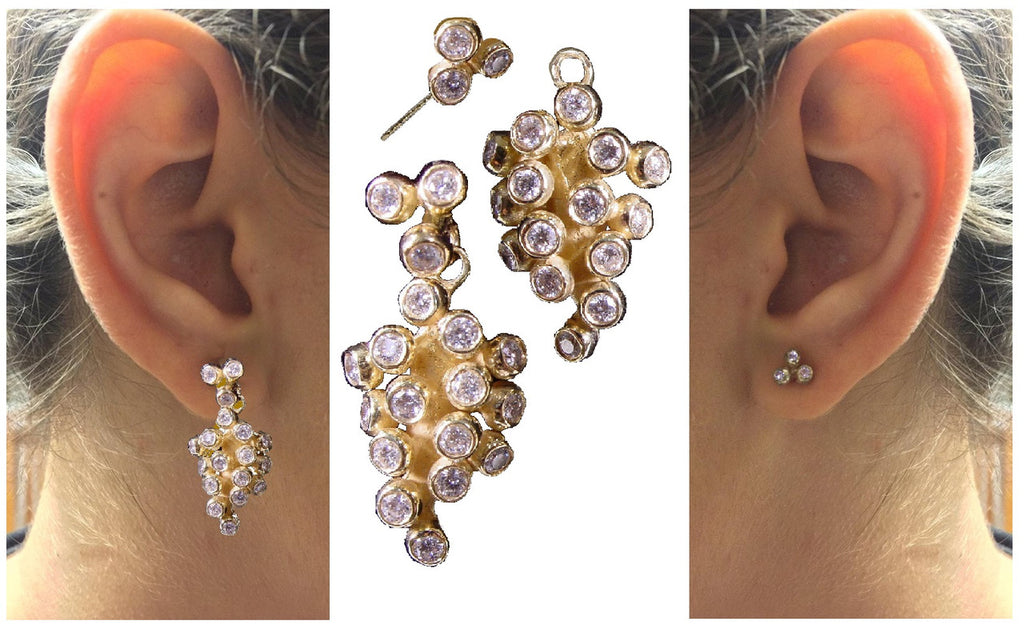 Demi Grape Earrings, Detachable Stud and Drop, 2 parts: 18K Gold & Diamonds