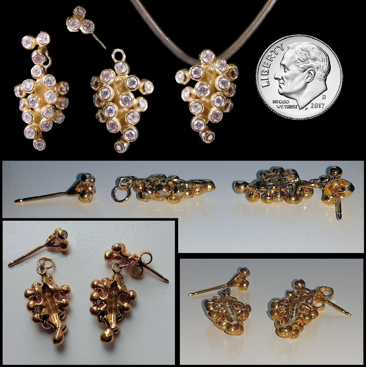 Demi Grape Earrings, Detachable Stud and Drop, 2 parts: 18K Gold & Diamonds