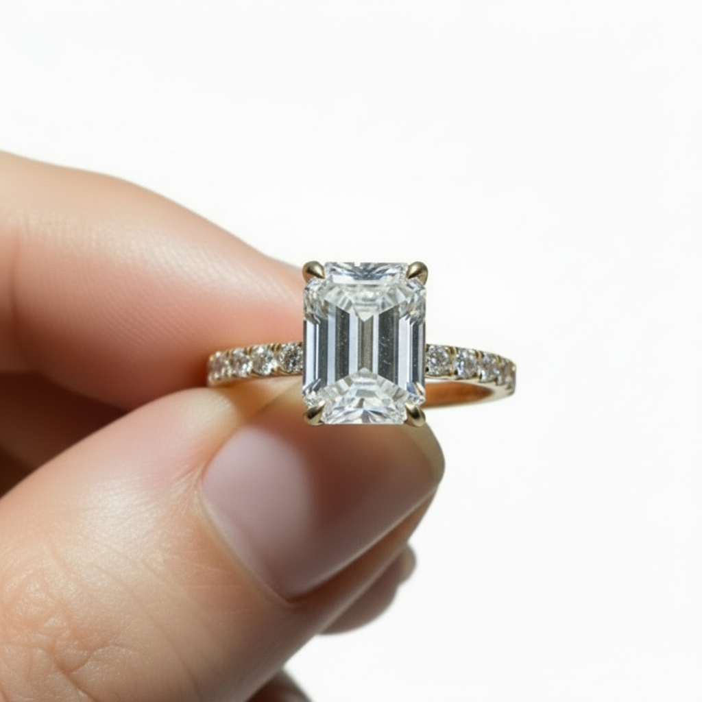 2 to 4 Carat Emerald Cut Pave Setting 14K Solid Gold Solitaire Diamond Engagement Ring