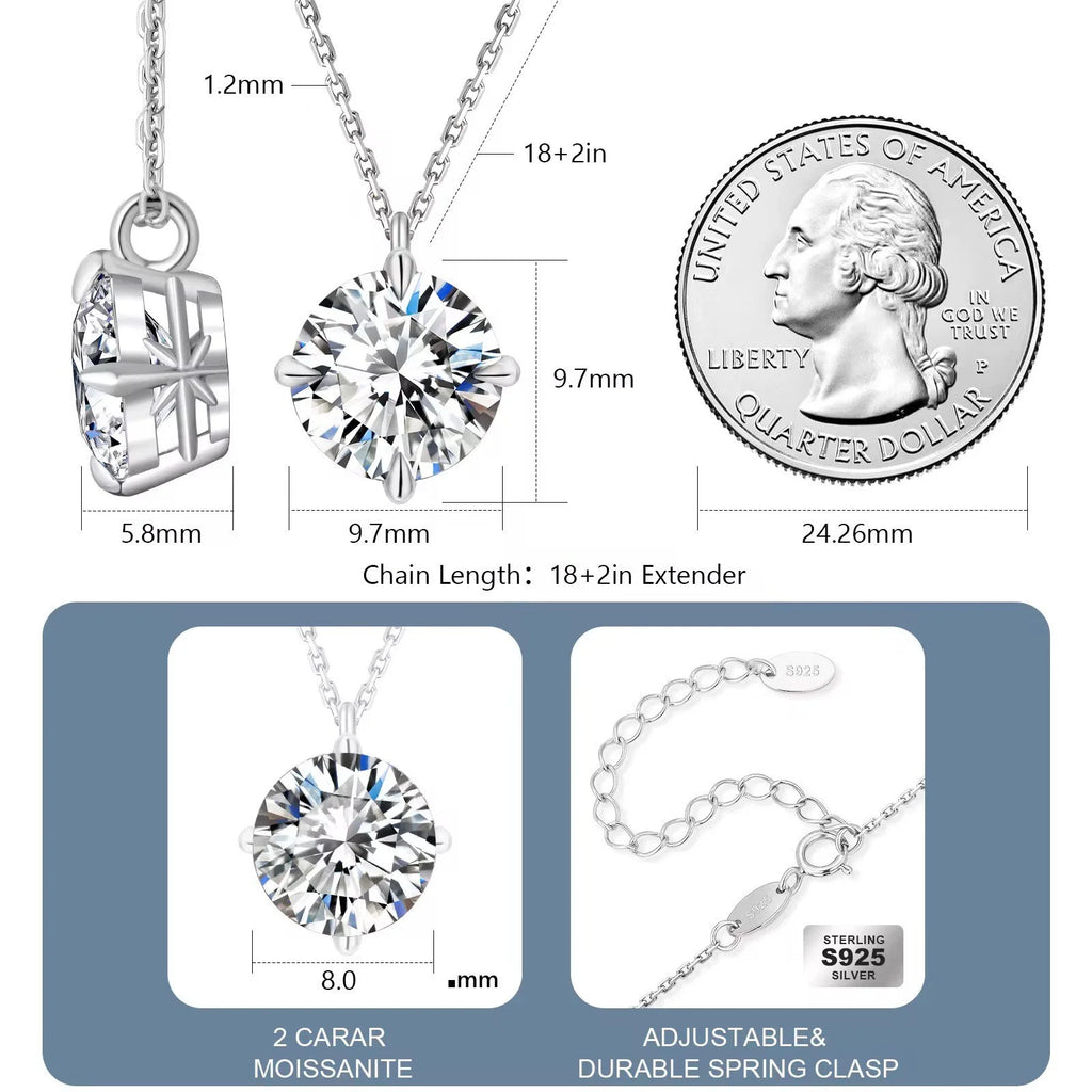 2 Carat Moissanite Pendant Necklace 925 Sterling Silver & 18K White Gold  GRA Certified Round Brilliant Cut