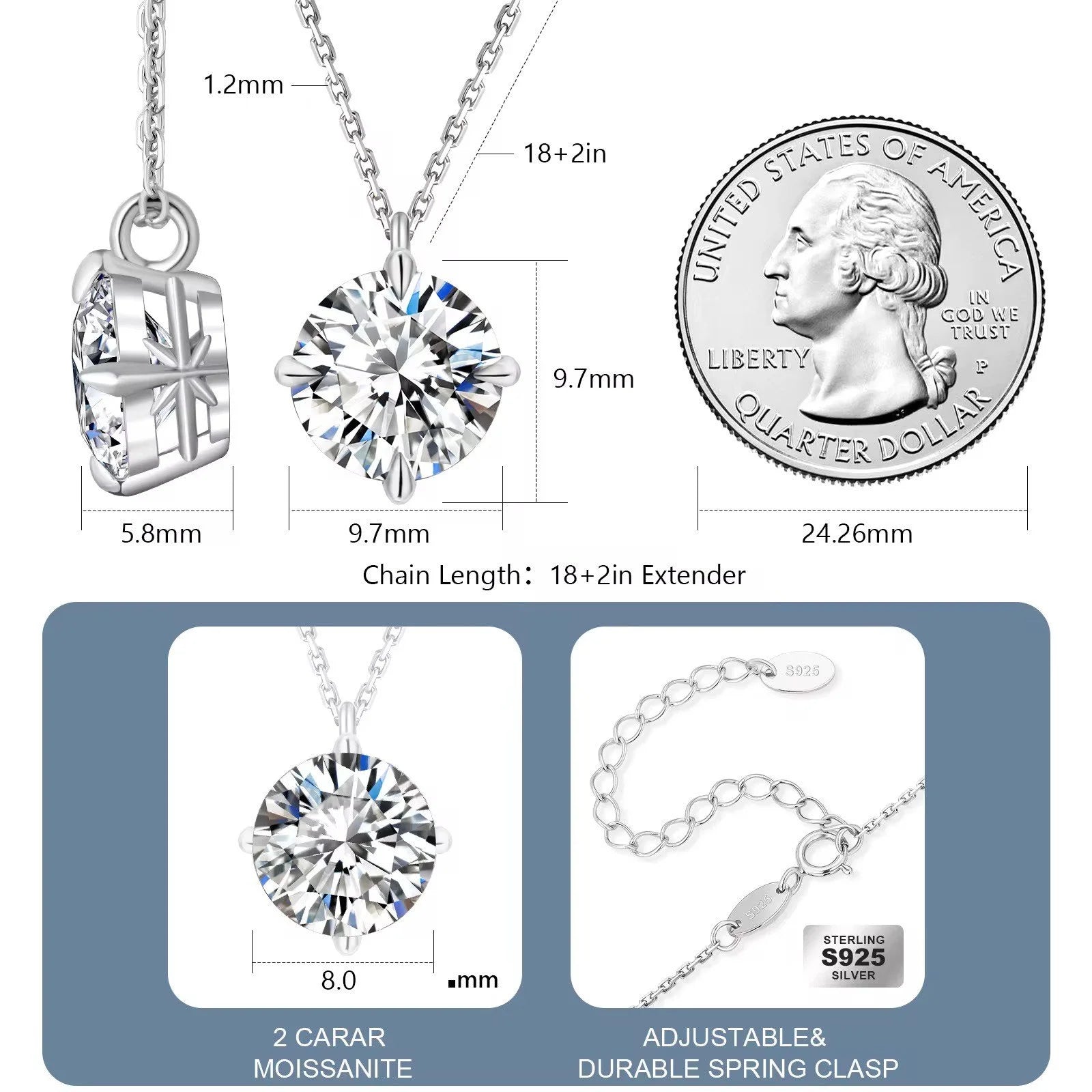 2 Carat Moissanite Pendant Necklace 925 Sterling Silver & 18K White Gold  GRA Certified Round Brilliant Cut