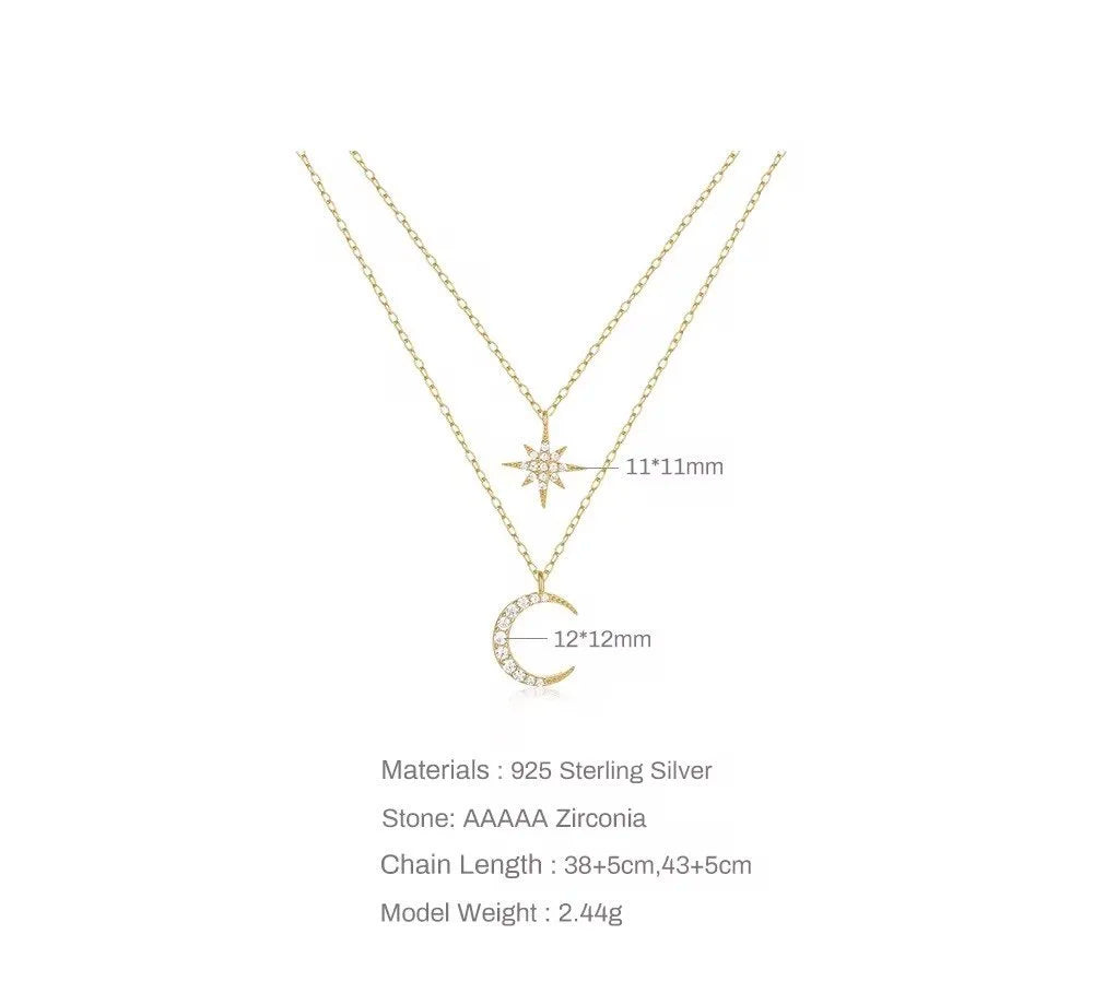 Gold Star & Moon Double Layer Necklace – 925 Sterling Silver Celestial Pendant