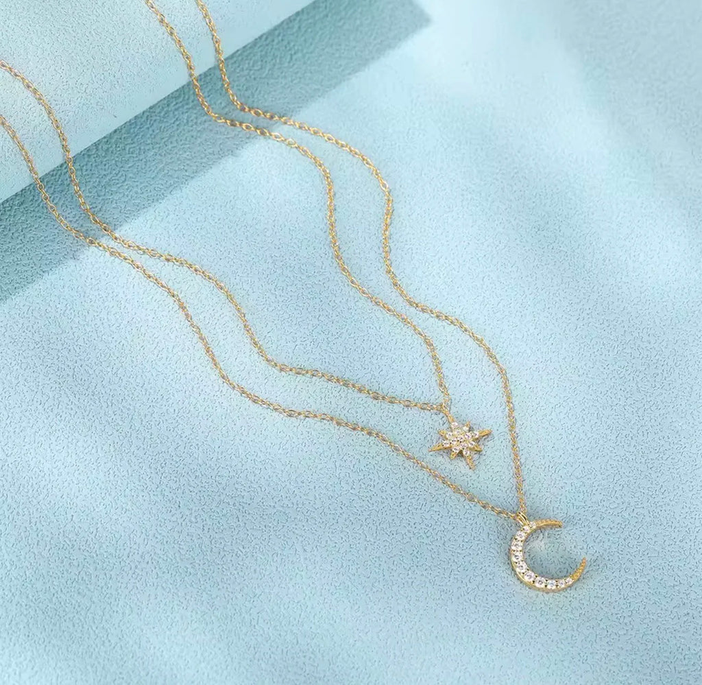 Gold Star & Moon Double Layer Necklace – 925 Sterling Silver Celestial Pendant