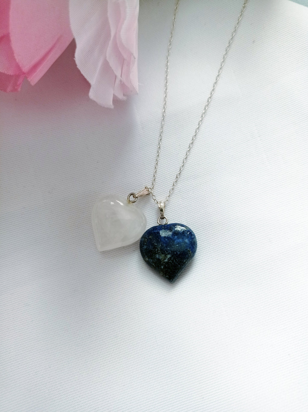 Lapis Lazuli and Rose Quartz Hearts Necklace, Lapis Lazuli and Rose Quartz Sterling Silver necklace,  Lapis Lazuli and Rose Quartz Pendants, Gemstone Necklace | by nlanlaVictory
