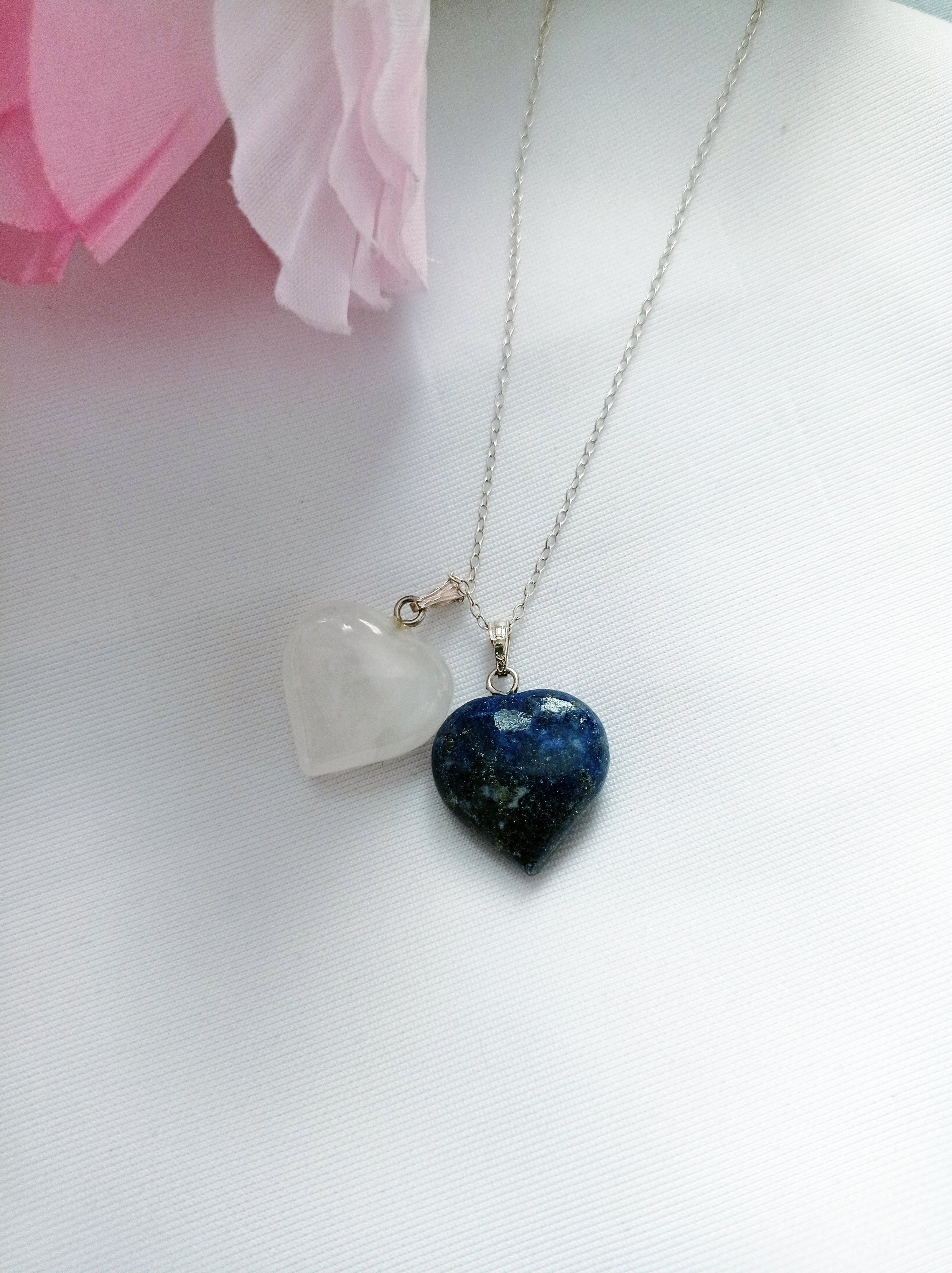 Lapis Lazuli and Rose Quartz Hearts Necklace, Lapis Lazuli and Rose Quartz Sterling Silver necklace,  Lapis Lazuli and Rose Quartz Pendants, Gemstone Necklace | by nlanlaVictory