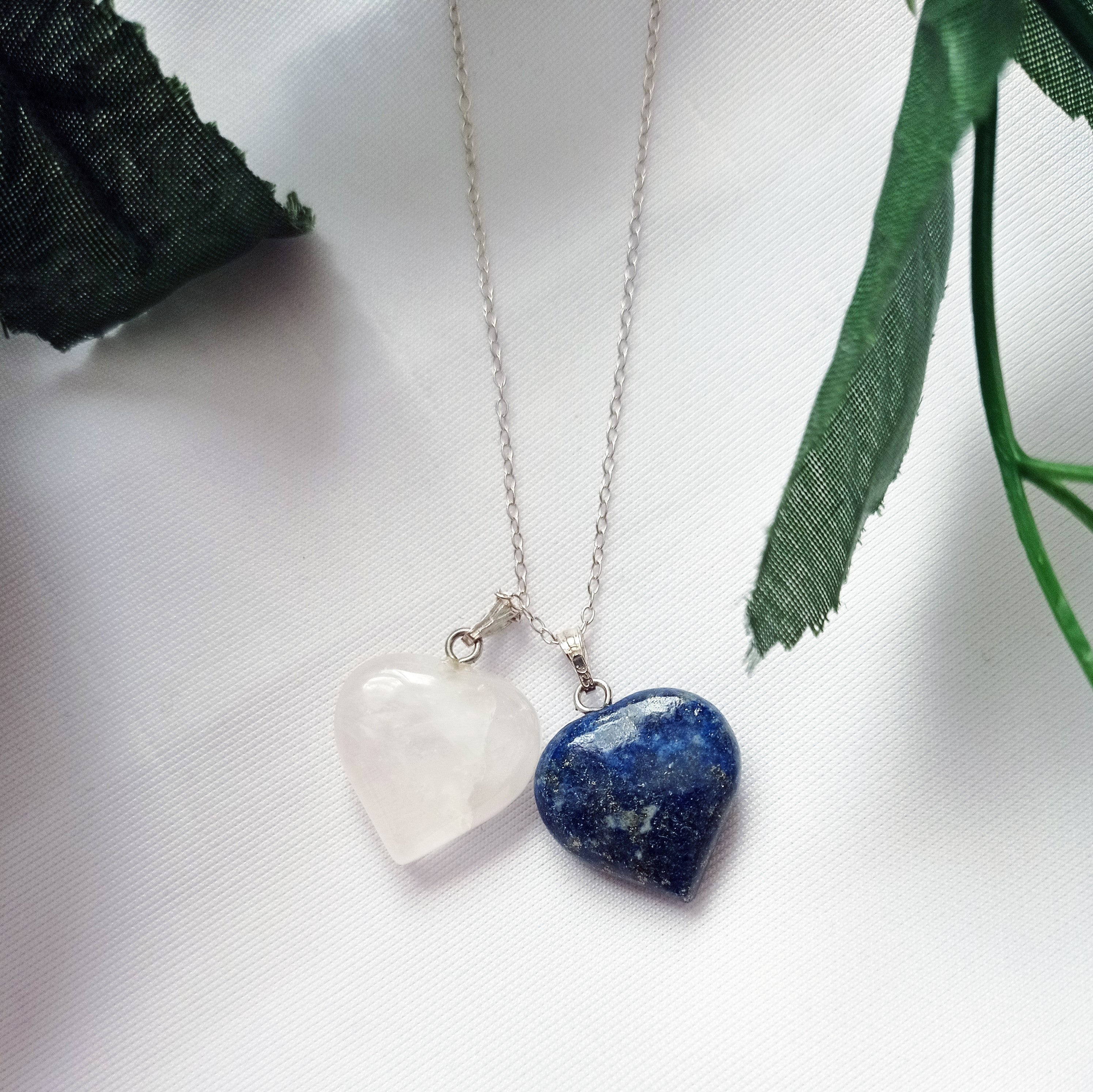 Lapis Lazuli and Rose Quartz Hearts Necklace, Lapis Lazuli and Rose Quartz Sterling Silver necklace,  Lapis Lazuli and Rose Quartz Pendants, Gemstone Necklace | by nlanlaVictory