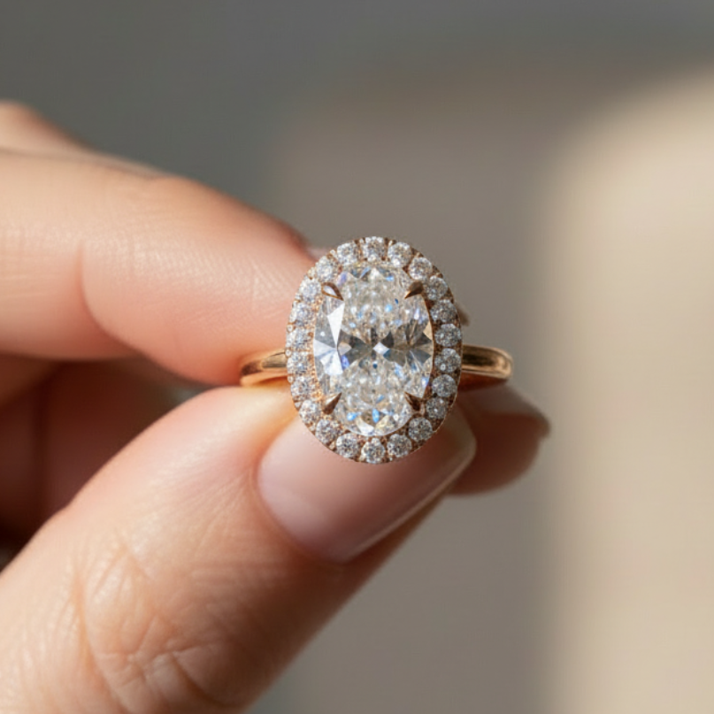 2 to 3 Carat Oval Cut Single Halo 14K Solid Gold Solitaire Diamond Engagement Ring