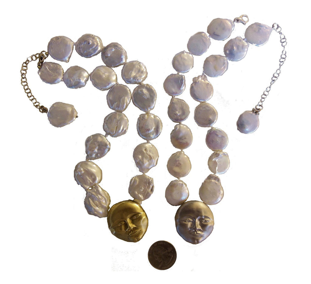 18K Gold Face, Diamond Eyes, Huge coin pearl necklace.  Someone to Watch Over Me-Sun/ Moon Collection