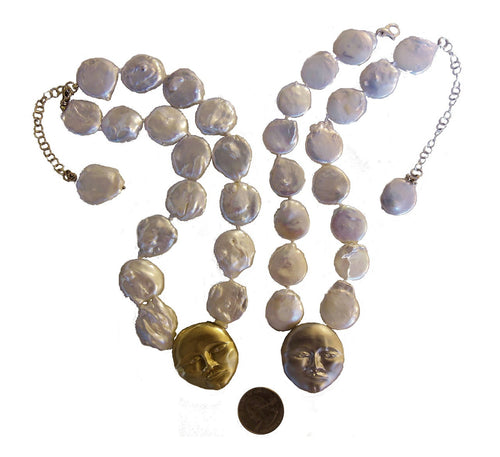 18K Gold Face, Diamond Eyes, Huge coin pearl necklace.  Someone to Watch Over Me-Sun/ Moon Collection