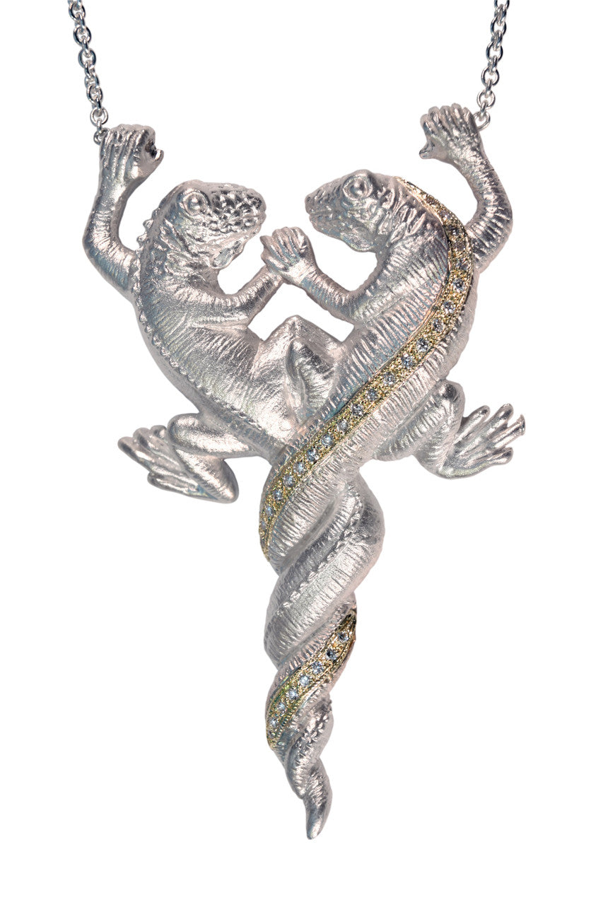 Lizards in Love Necklace: Diamonds in Solid 18K Gold & Sterling Silver. Love is Everywhere