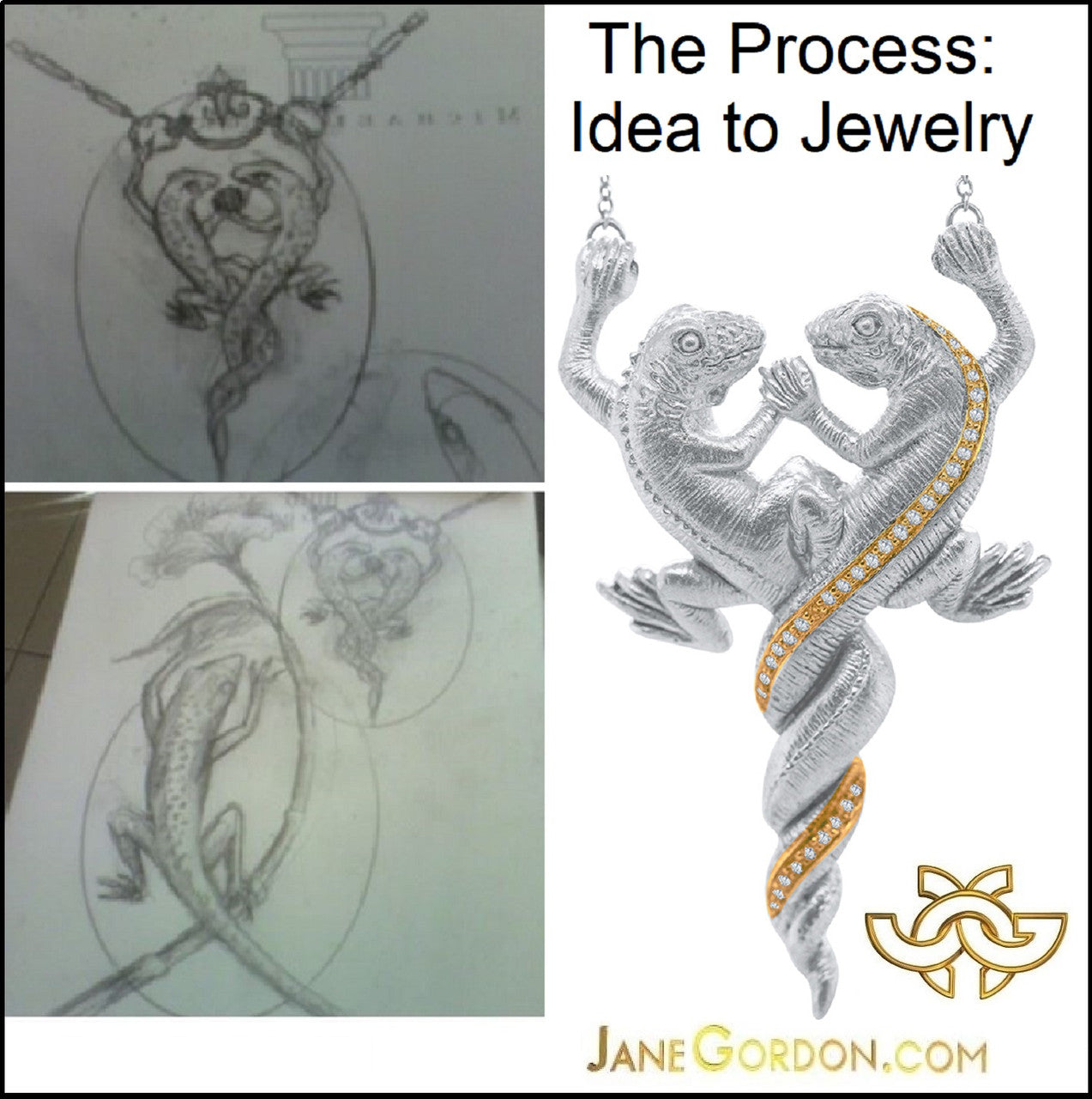 Lizards in Love Necklace: Diamonds in Solid 18K Gold & Sterling Silver. Love is Everywhere