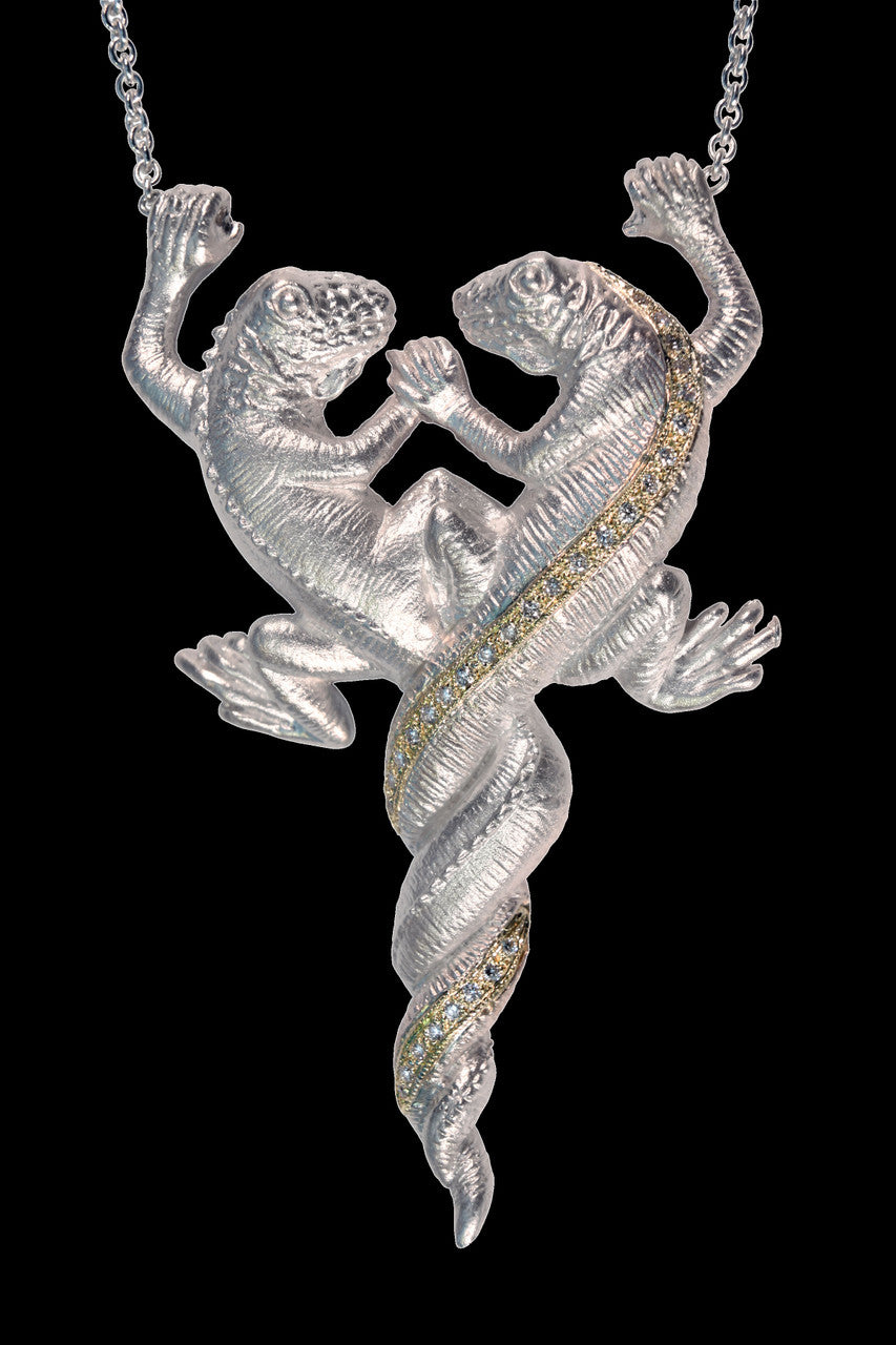 Lizards in Love Necklace: Diamonds in Solid 18K Gold & Sterling Silver. Love is Everywhere