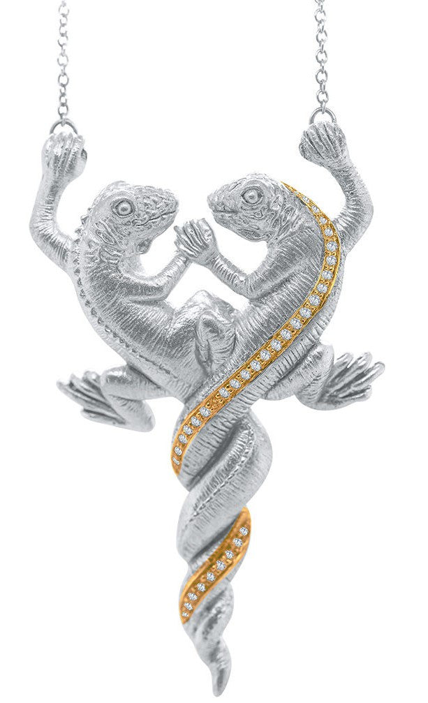 Lizards in Love Necklace: Diamonds in Solid 18K Gold & Sterling Silver. Love is Everywhere